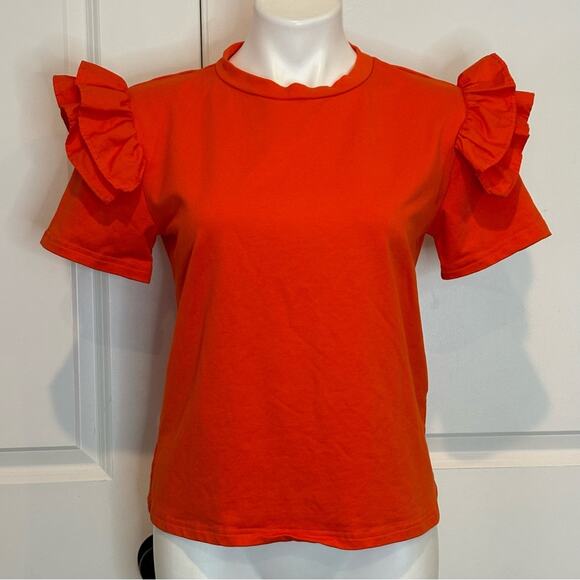 Strut & Bolt Ruffle Shoulder Crew Short Sleeve Tee Orange M - Picture 1 of 5
